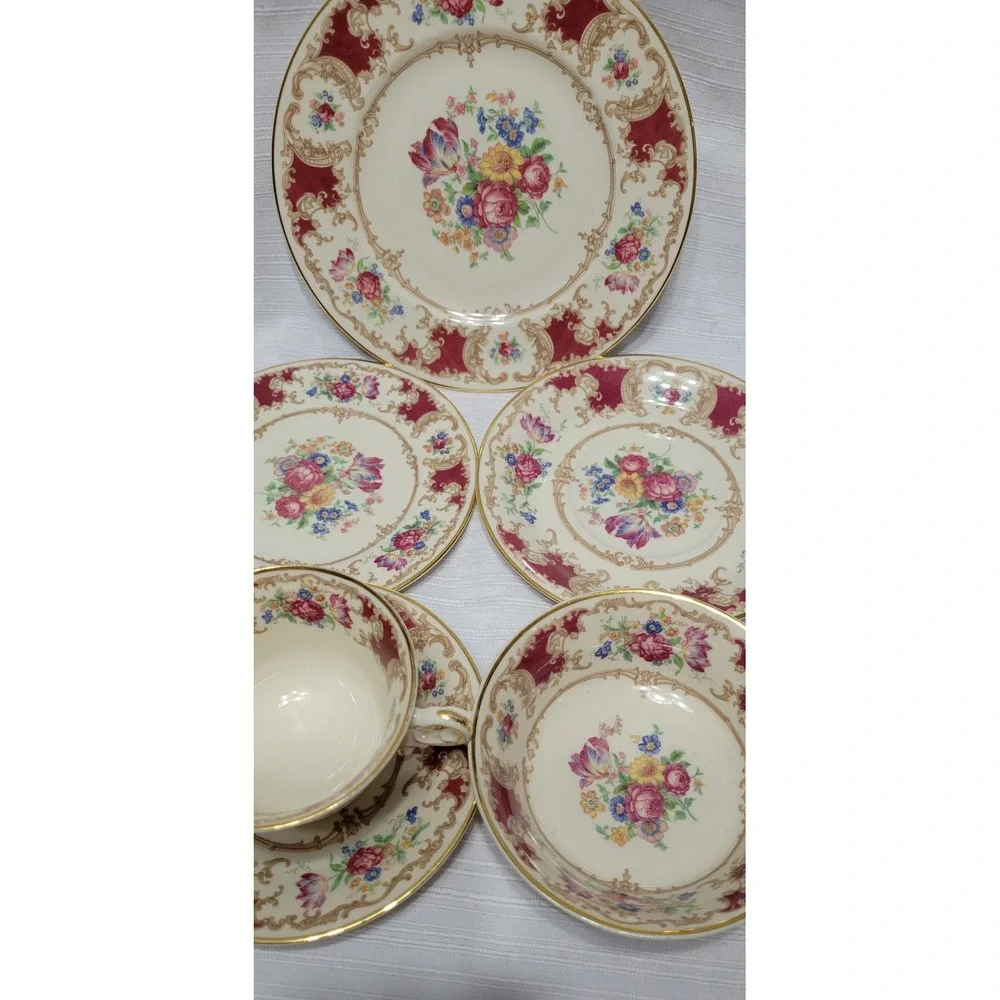 Syracuse China Old Ivory Romance Maroon Floral Dinnerware Set 6pc Gold Rim